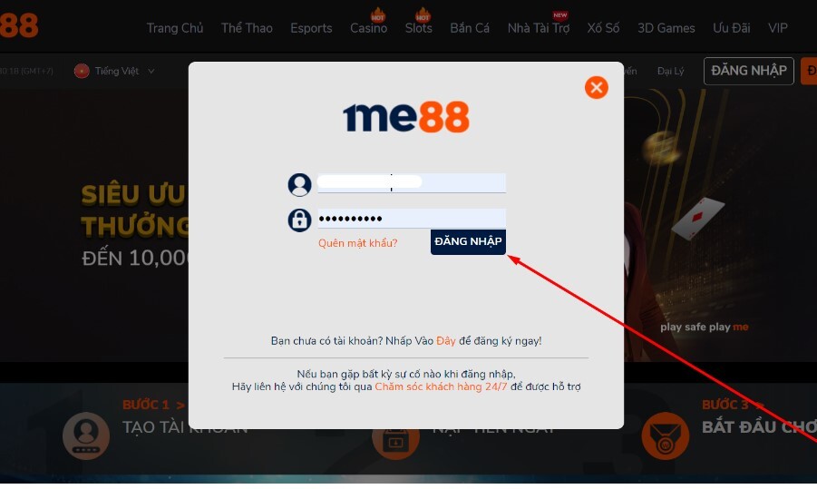 Hoàn tất quá trình đăng nhập Me88