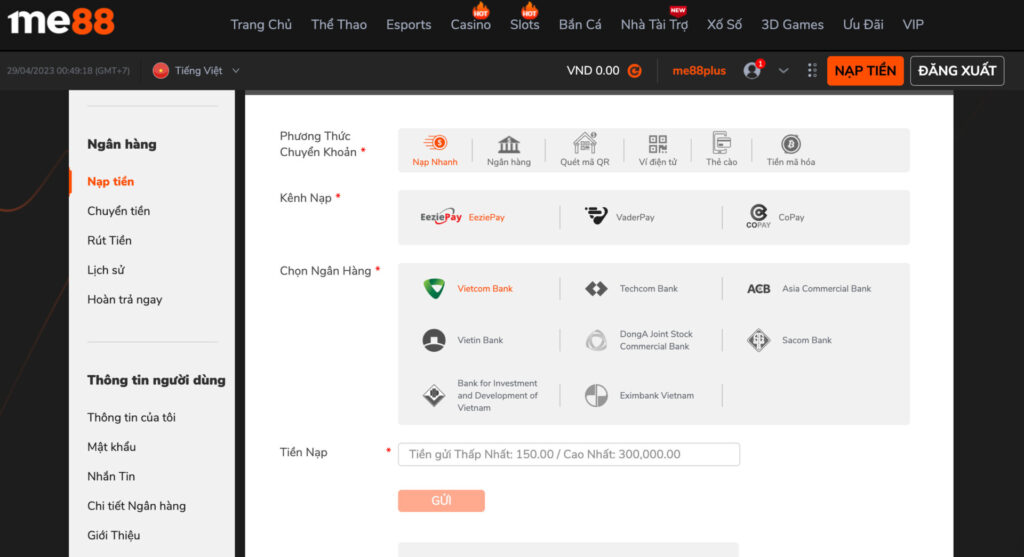 Nạp tiền tại Me88 theo phương thức nạp nhanh
