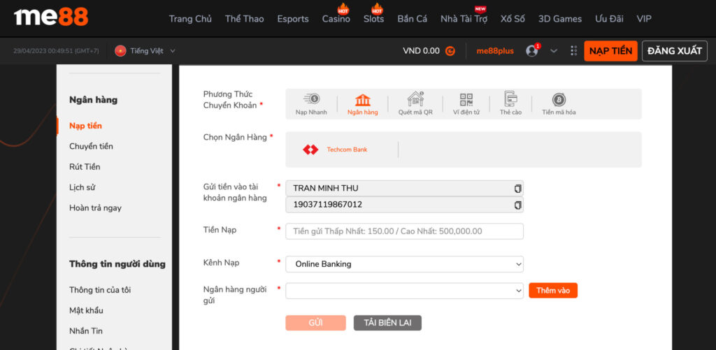 Nạp tiền tại Me88 theo phương thức ngân hàng