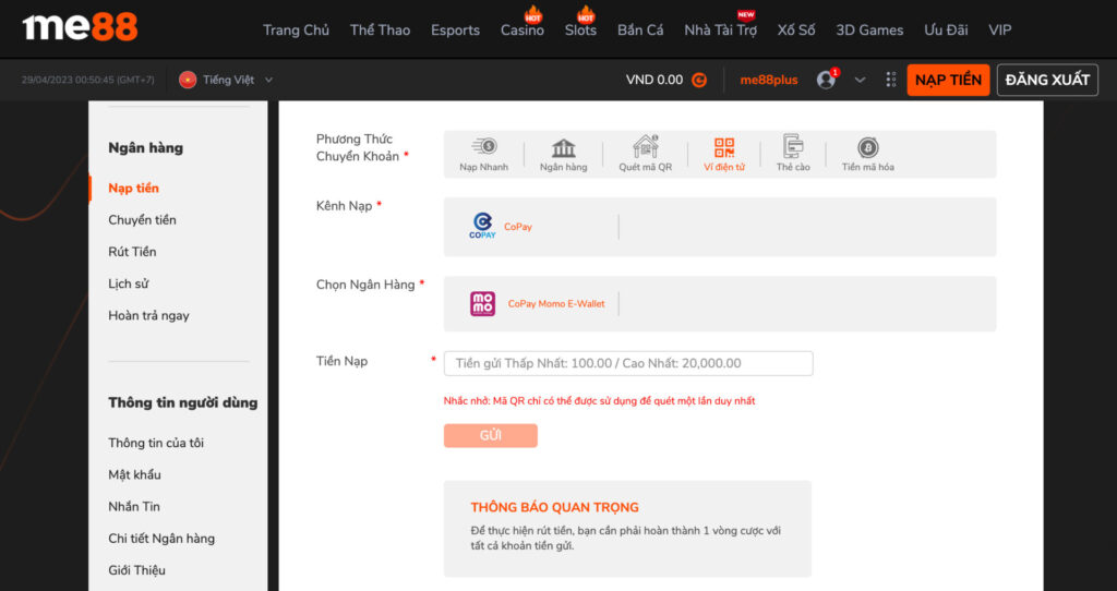 Nạp tiền tại Me88 theo phương thức ví điện tử