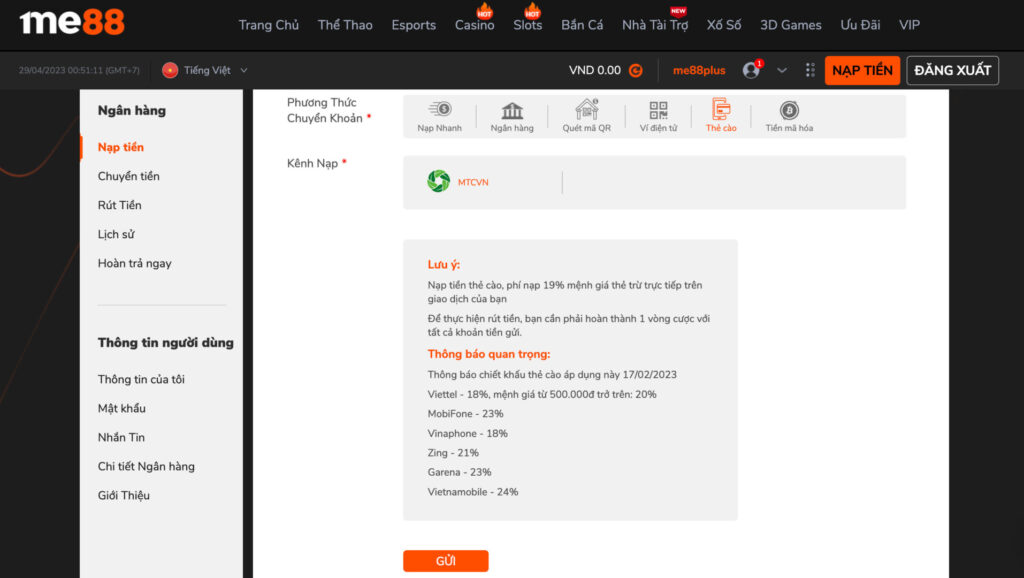 Nạp tiền tại Me88 theo phương thức thẻ cào