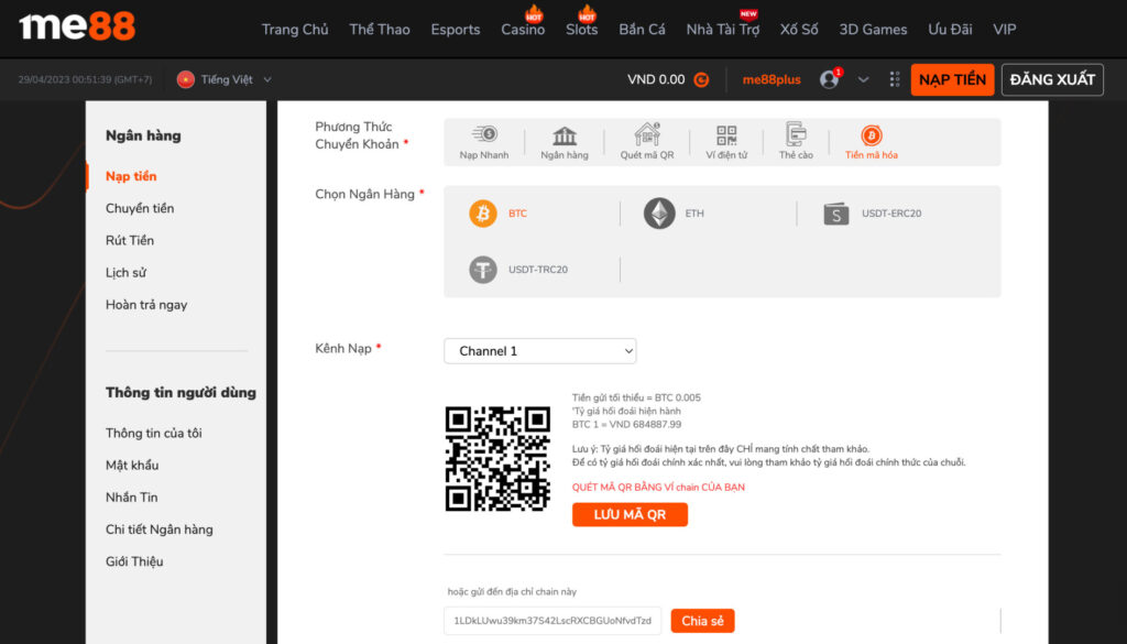 Nạp tiền tại Me88 theo phương thức tiền mã hoá