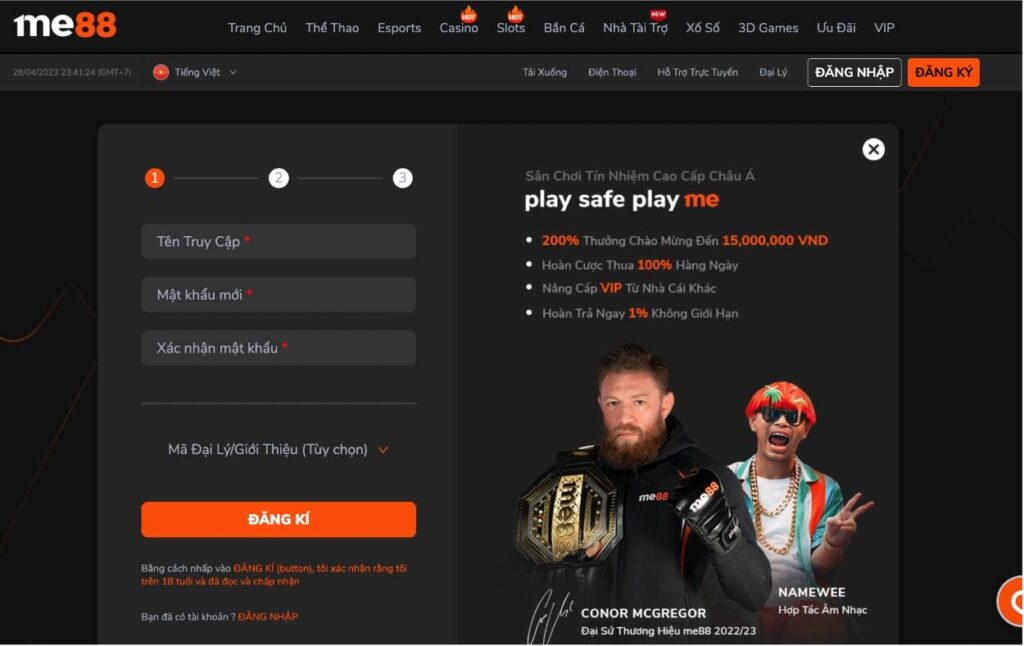 Form đăng ký thành viên tại Me88 để tham gia chơi nổ hũ 