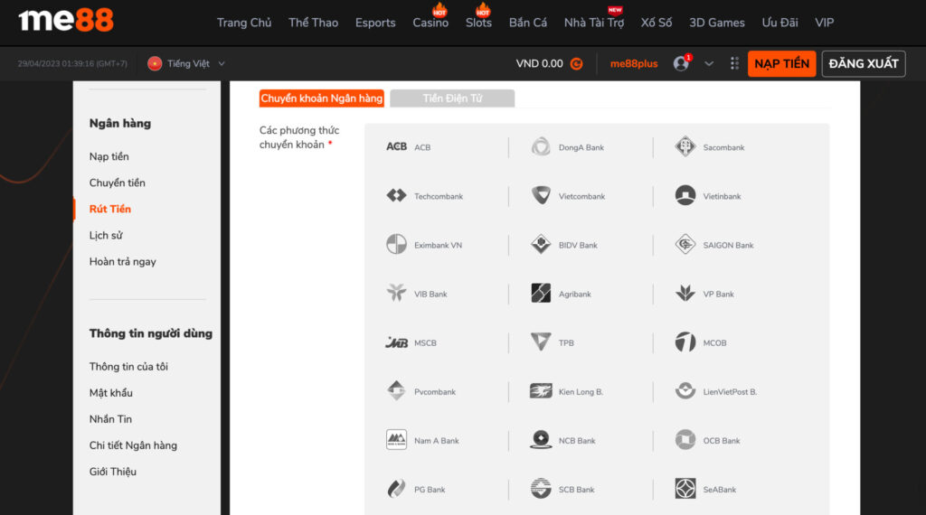 Rút tiền Me88 qua phương thức chuyển khoản ngân hàng