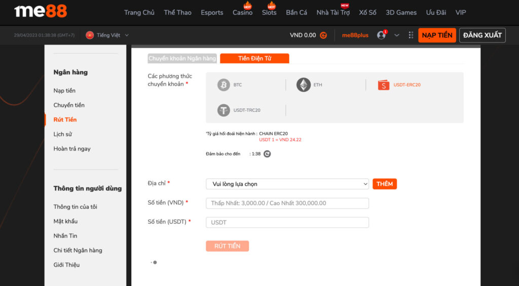 Rút tiền Me88 qua phương thức tiền điện tử